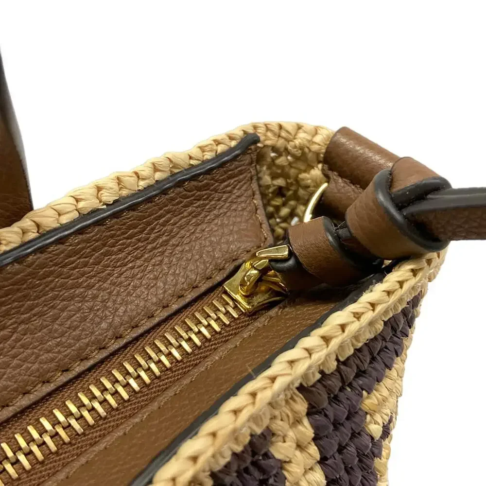 Fendi Roll Mini, Zucca Pattern Handbag 8BS096 Beige Dark Brown Straw Leather
